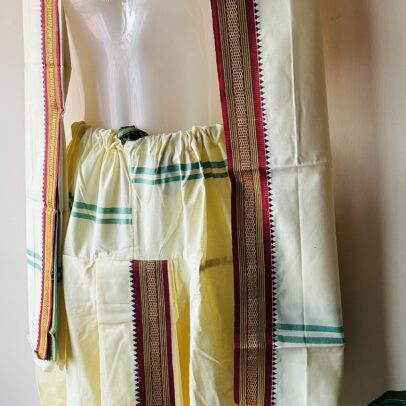 Cream Cotton Ready to wear Dhoti set with Shawl