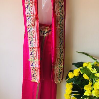 Peacock design pink Silk Mundu set with shawl