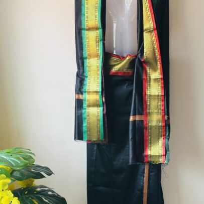 Black Silk Mundu Red and Green border with Shawl