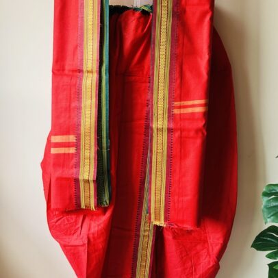Red Cotton ready to wear Dhoti set with Shawl.