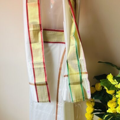 White Silk Mundu with Silk Shawl