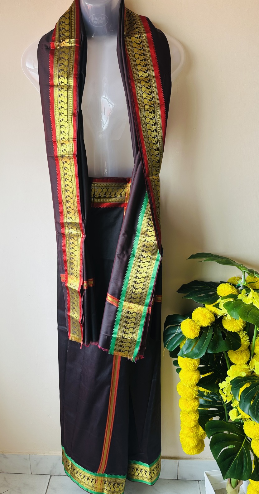 Brown Silk Mundu with silk Shawl