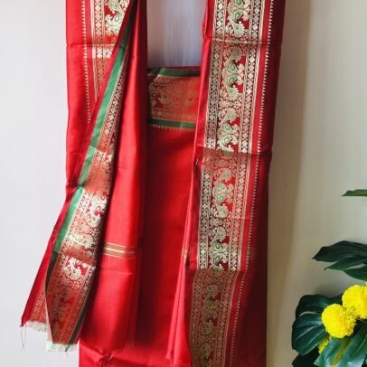Red big Border green and red Silk Mundu with silk Shawl set