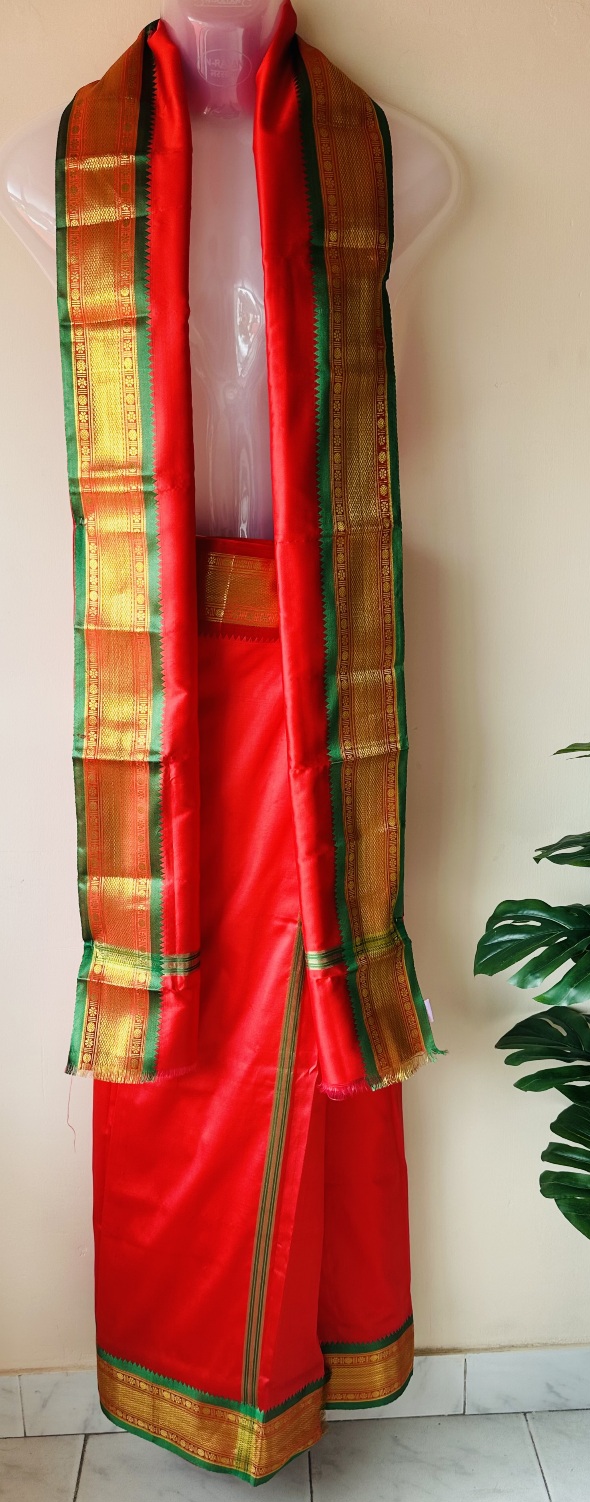 Red big Border green and red Silk Mundu with silk Shawl set