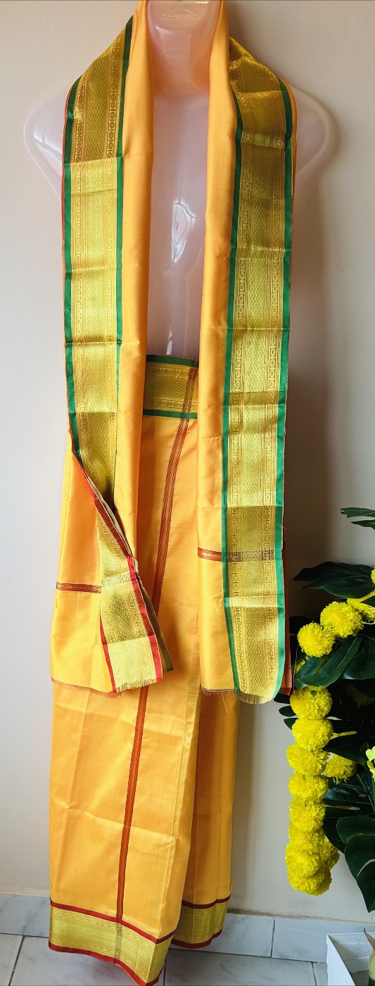 Dark Yellow big border Silk mundu with silk shawl set
