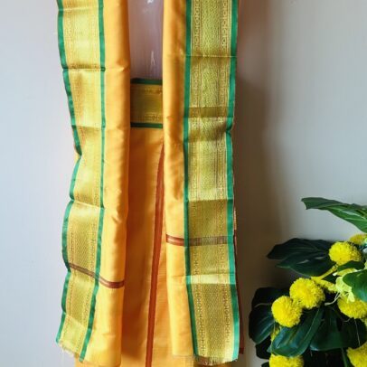 Dark Yellow big border Silk mundu with silk shawl set