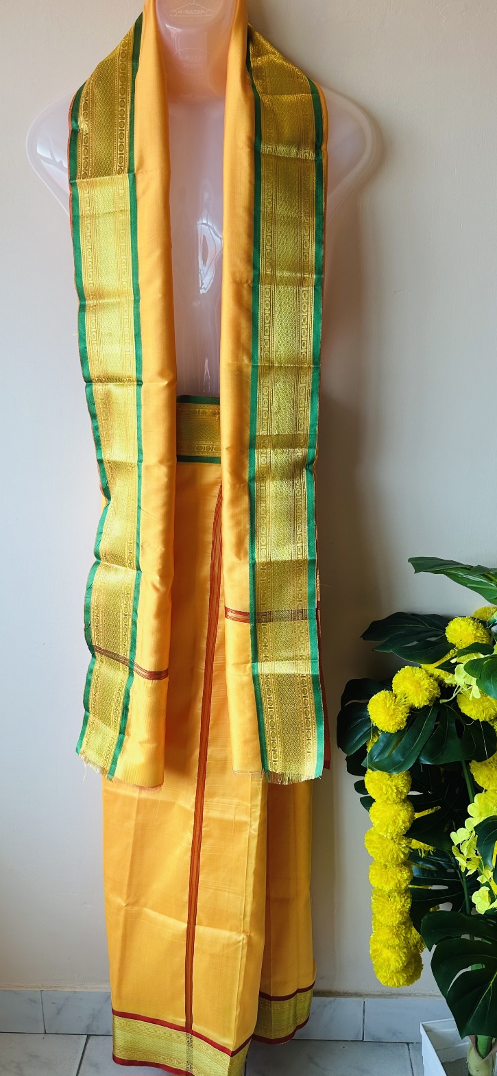 Dark Yellow big border Silk mundu with silk shawl set