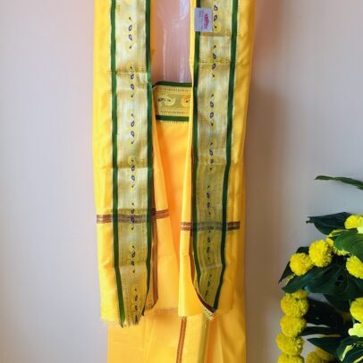 Dark Yellow small Peacock Silk Mundu with Shawl set