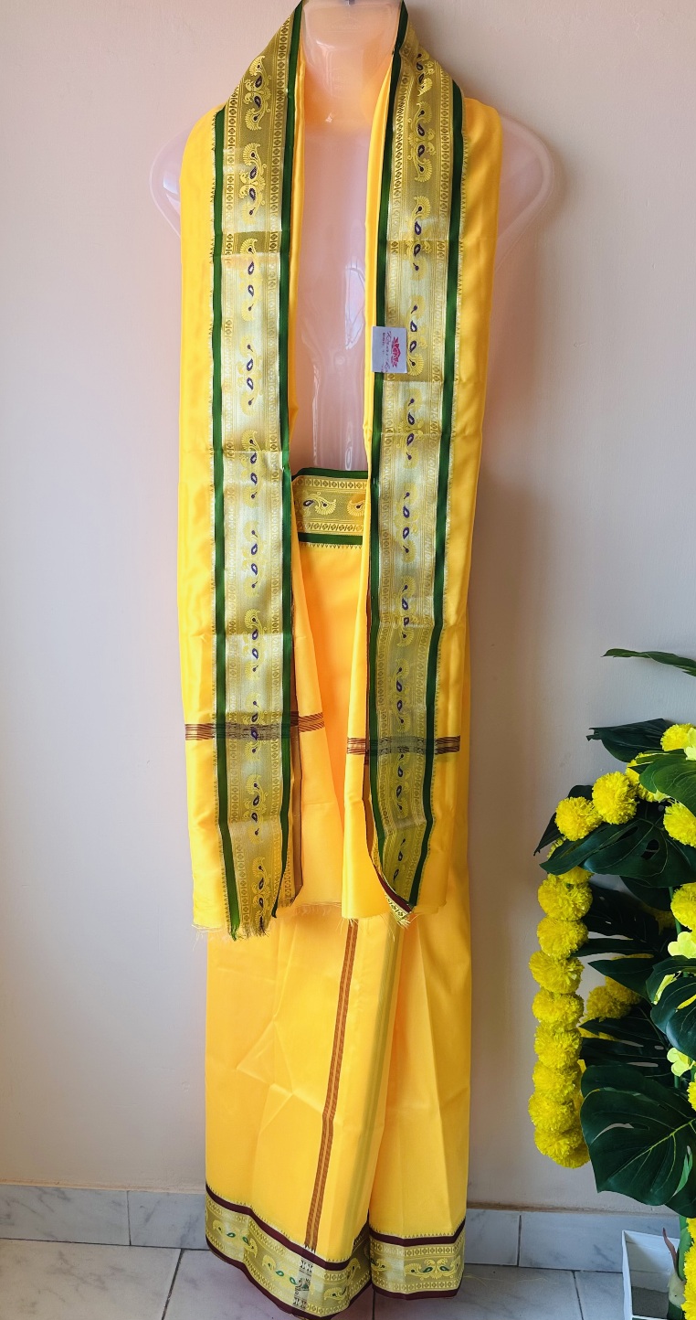 Dark Yellow small Peacock Silk Mundu with Shawl set