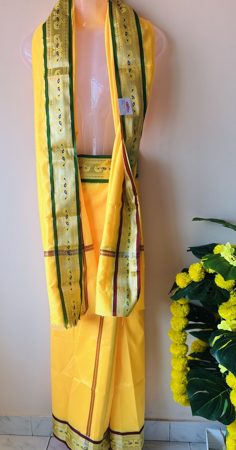 Dark Yellow small Peacock Silk Mundu with Shawl set