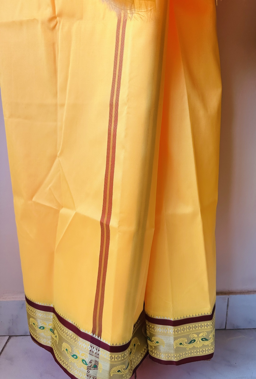 Dark Yellow small Peacock Silk Mundu with Shawl set