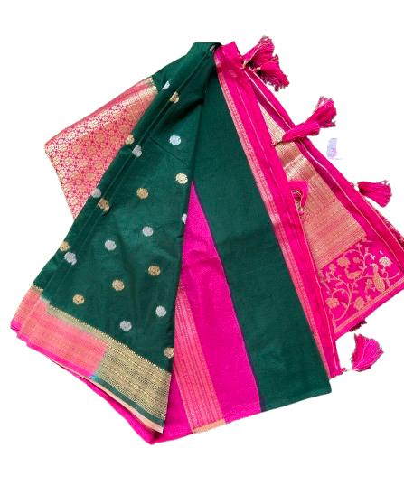 Banarasi Georgette Saree- Pink and Green peacock border.