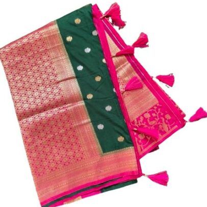 Banarasi Georgette Saree- Pink and Green peacock border.