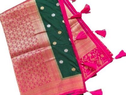 Banarasi Georgette Saree- Pink and Green peacock border.