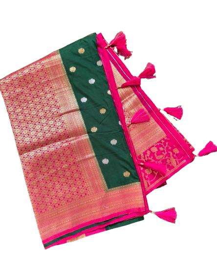 Banarasi Georgette Saree- Pink and Green peacock border.