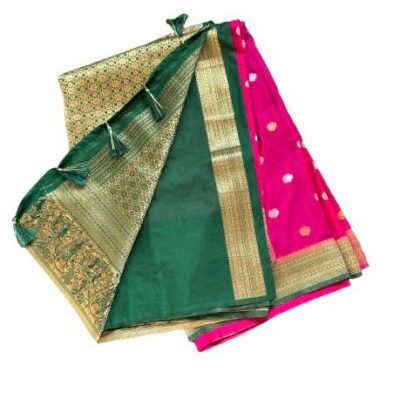 Banarasi Georgette Saree- Pink and Green peacock border.