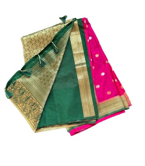 Banarasi Georgette Saree- Pink and Green peacock border.