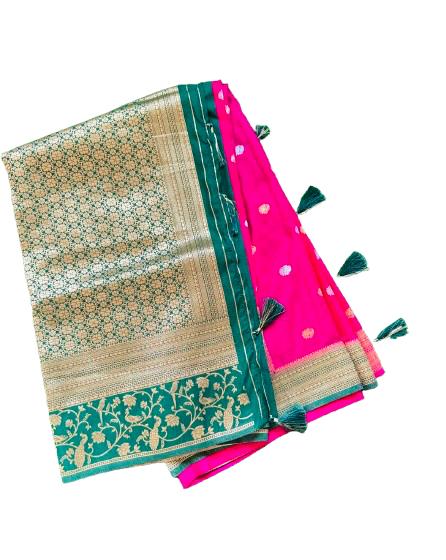 Banarasi Georgette Saree- Pink and Green peacock border.
