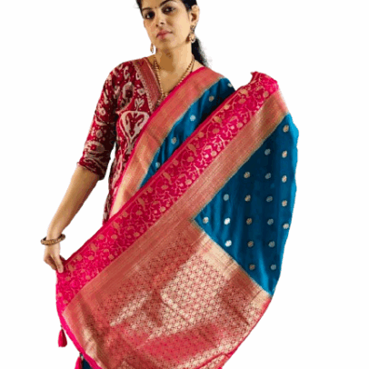 Banarasi Georgette saree- Dark blue with Pink border