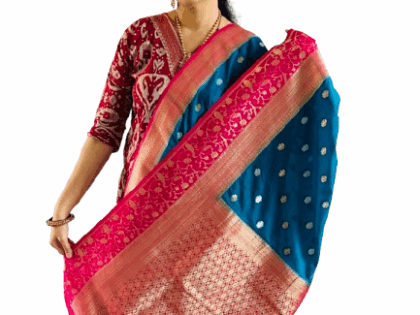 Banarasi Georgette saree- Dark blue with Pink border